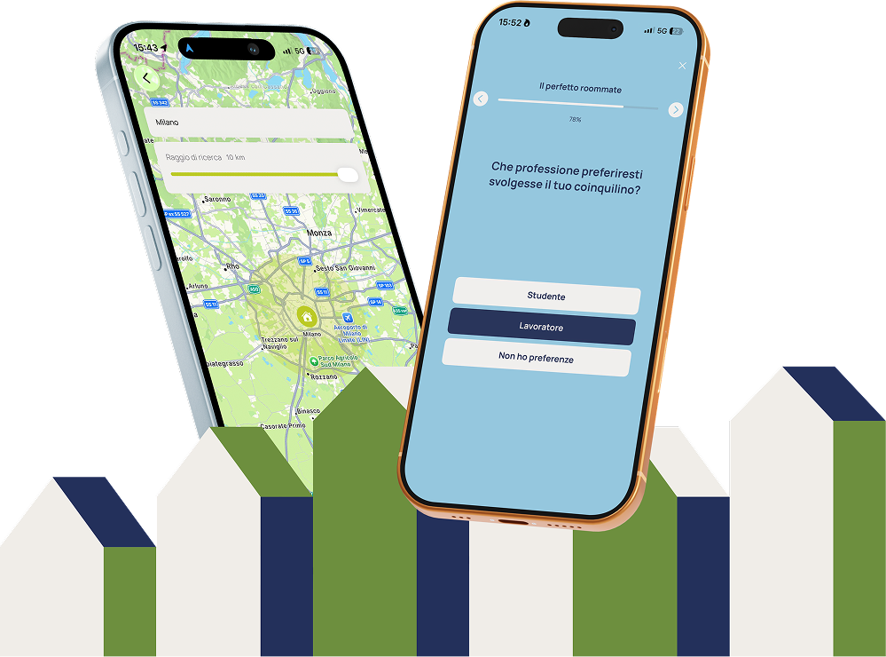 Roomer app preview on two iPhones with city skyline